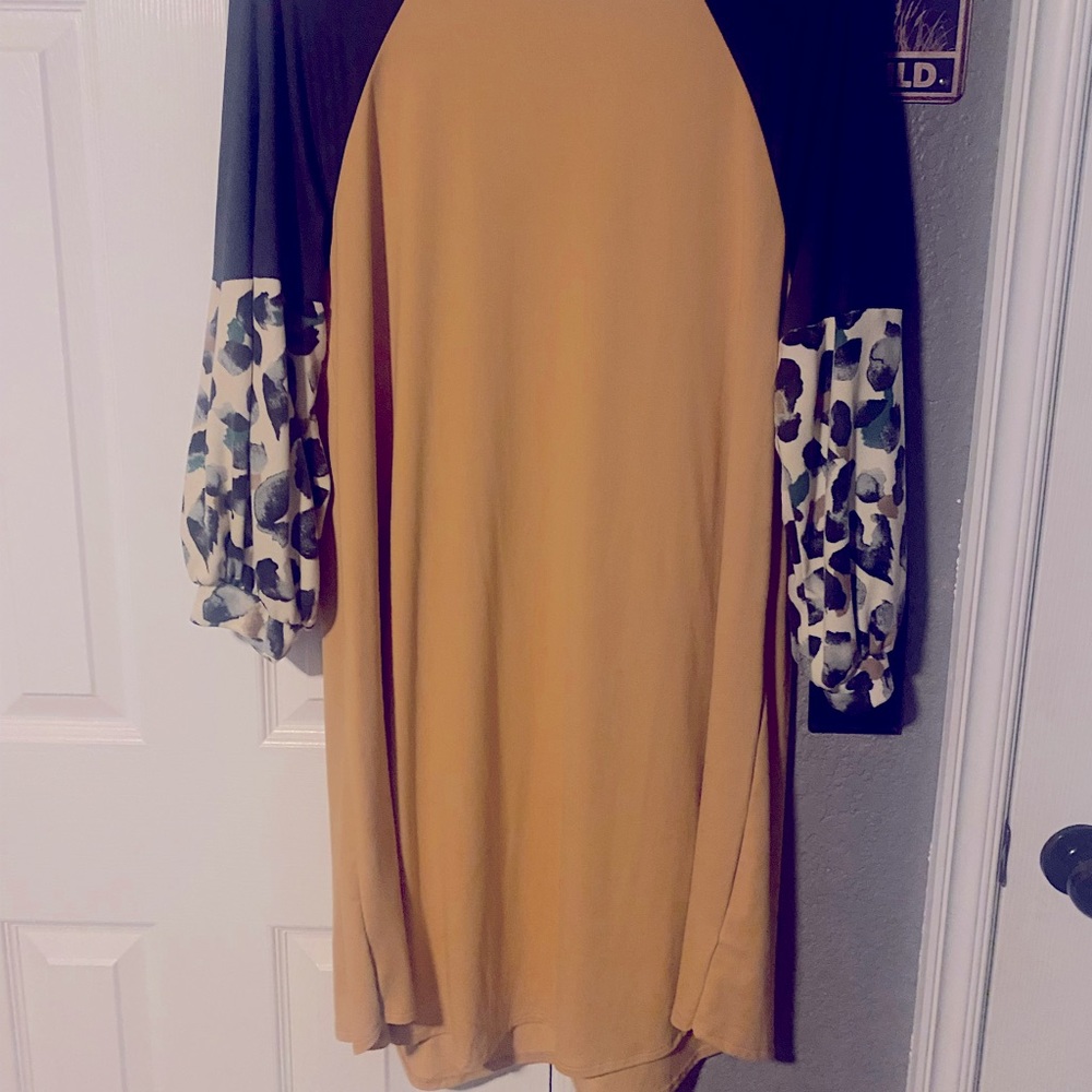 Butter soft T shirt dress mustard and leopard print- charcoal sleeves.